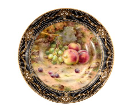 Frank Roberts for Royal Worcester, a fruit painted bowl, circular form, decorated with apples, peaches and grapes on a natura