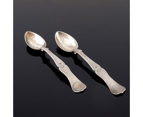 A pair of 19th century Ottoman silver spoons, Turkey circa 1890, shouldered and ogee shaped with engine turned decoration, to