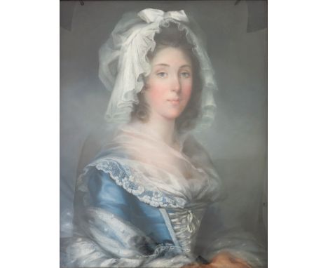 John Russell R.A. (British, 1745-1806), portrait of a lady, half length in a blue dress and white lace bonnet, pastel, 68 by 