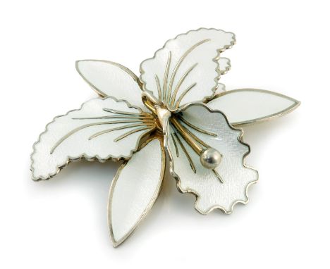 Aksel Holmsen, a Norwegian silver gilt and enamelled flower brooch, in the form of an orchid, white guilloche enamel petals a