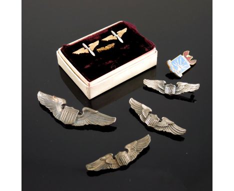 Six Second World War United States Air Force sterling silver badges, three with Amico hallmarks, together with a pair of Offi