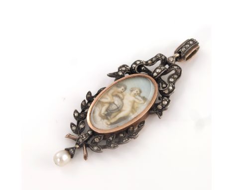 A 19th century diamond set pendant, the central oval mother of pearl panel painted with cherubs and globe, the bow surmount a
