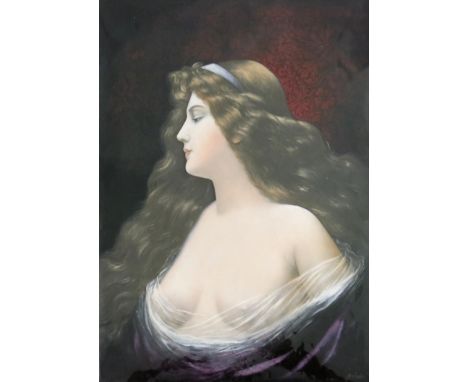 Jules Sarlandie (French, 1874-1936), a Limoges Art Nouveau convex enamel portrait plaque, depicting a young lady in profile w
