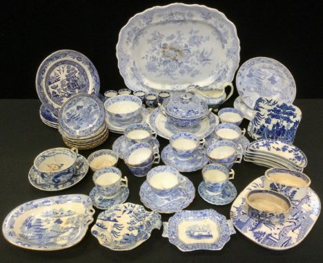 Blue and White -  19th century Asiatic Pheasant meat plate;  Willow pattern straining plate;  Festoons pattern sucrier and co