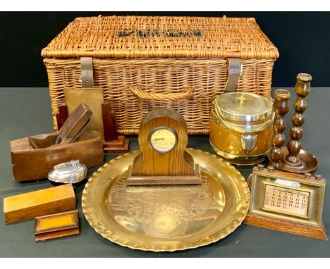 Boxes &amp; Objects - a brass mounted oak calendar;  pair of candlesticks;  19th century snuff box, as a book;  oak ginger ja