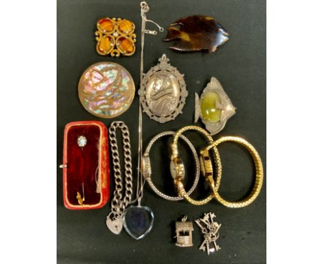 A Seconda watch;  others;  fashion brooches;  sterling silver and abalone brooch;  silver charm bracelet;  stick pin;  Bradfo