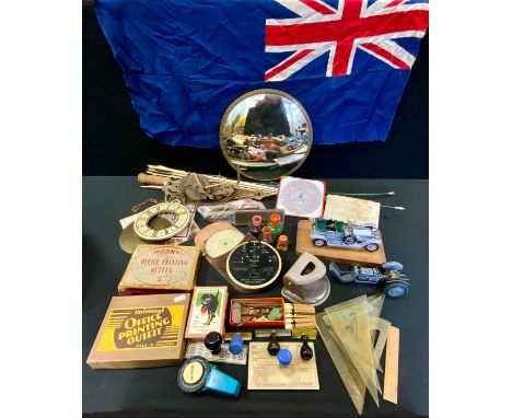 Boxes &amp; Objects - Fowlers Long scale calculator, leather case;  Whitworth gauge, wooden wall clock;  mirror;  Apollo falc