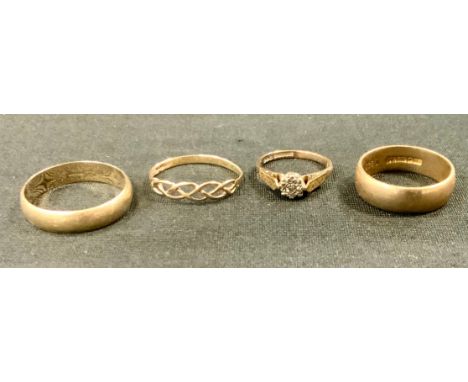 Rings -  9ct gold wedding band, size R;  another size X;  diamond accented 9ct gold solitaire ring;  9ct gold Celtic knot rin
