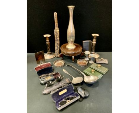 A pair of Sheffield plated telescopic candlesticks;  an Onslow ladle;  a pair of bottle coaster;  etc 