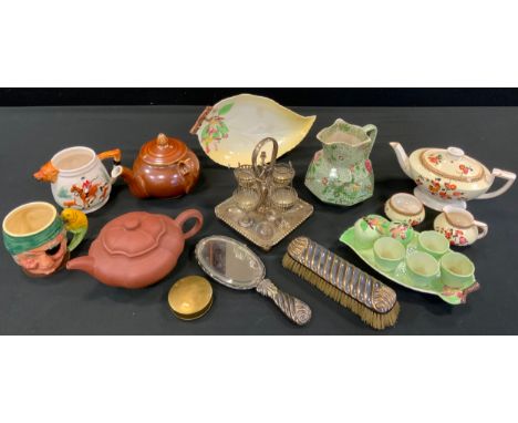 A Chinese terracotta Yixing teapot;  Carlton ware Foxgloves egg set on stand; Crown Ducal three piece tea set;  Spode jug;  E