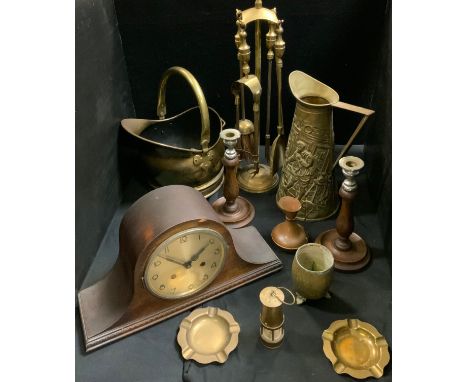 A fire side companion set;  a brass coal scuttle;  an oak mantel clock;  oak candlesticks;  etc 
