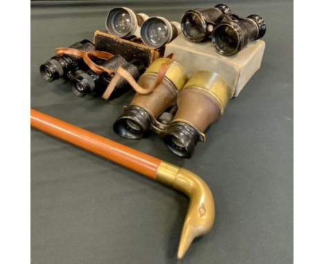 Binoculars - a pair of late 19th century field glasses, unmarked;  others later;  drinks flask duck head walking stick 