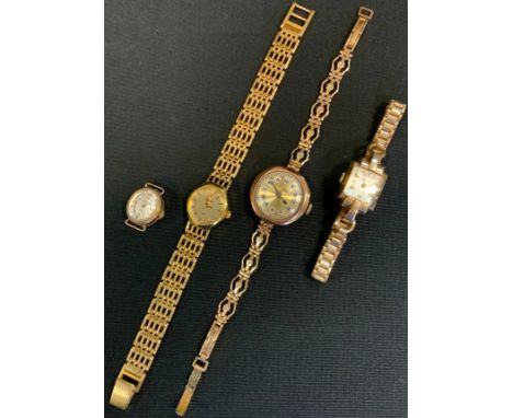 A lady's 9ct gold bracelet wristwatch, 15 jewel manual wind Swiss movement,  London 1931, rolled gold strap;  Roamer 9ct gold