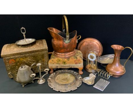 Metal ware- brass coal box, copper warming pan;   copper coal scuttle;   sliver plated dishes, candle sticks;  an Actium Quar