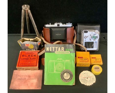 Advertising - a set of five colour Lantern slides, Arkwright's Sausages, Ikonta Nettar camera, lens, covers, instruction book