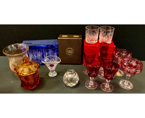 Glass - a pair of German Bleikristal cranberry and clear glass champagne coups;  others wine glasses;  Royal Brierly crystal 