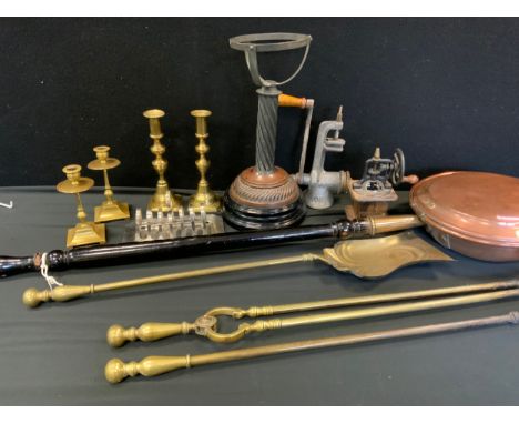 Metal Ware- a three piece fire side set, a pair of brass ejector candlesticks;  others ; oil lamp stand; mince grinder; coppe