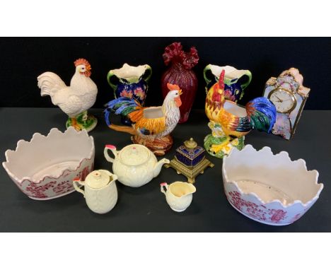 Ceramics - a Radford inkwell;  Aynsley three piece tea set;  cockerel jugs, cranberry glass vase etc 