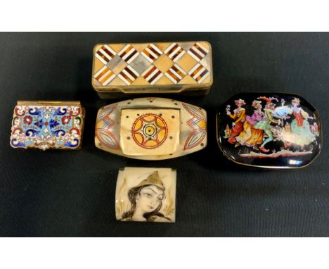 A horn snuff box;  a Franklin Mint box and cover;  a gilt metal and cloisonné stamp box;  etc 