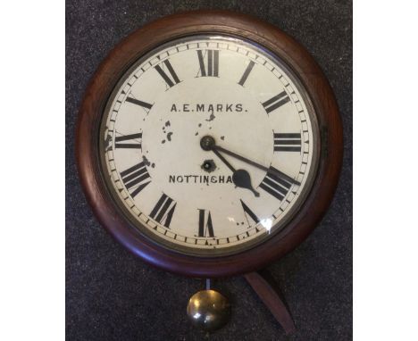 An early 20th century A E Marks, Nottingham oak cased drop dial wall clock, cream dial bold Roman numerals, fusee movement, 3