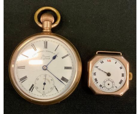A 9ct gold cased wristwatch head, London 1924, 18.5g gross;  a Lancashire Watch Co gold plated pocket , button wind movement 