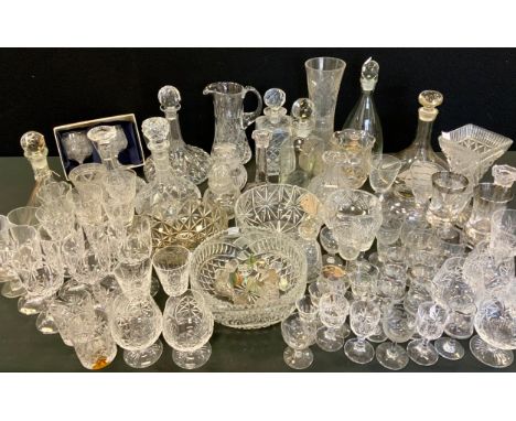 Glass - a conical crystal glass decanter, possibly Dartington;  others ships decanters, globular, square drinking glasses inc