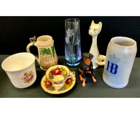 Border Fine Art model, Dogs Galore Doberman, DG26;  Caithness vase;   Queen's Antique Fruit cup and saucer;  Aynsley Howard S