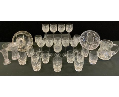 A set of twelve cut glass tall stem wine glasses;  Stuart crystal whisky tumblers, jug and bowl set etc 