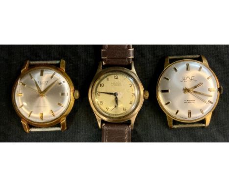 Watches - a Majex 9ct gold cased gentleman's wristwatch, silvered dial, Arabic numerals, 17 jewel manual movement, leather st