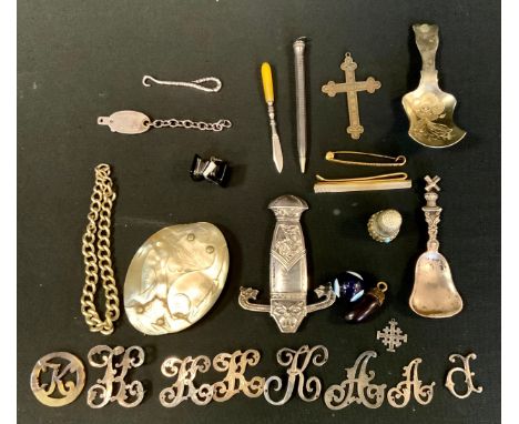 A silver coloured metal caddy spoon, marked 850;  silver letters;    mother-of-pearl brooch;  thimble;  etc 