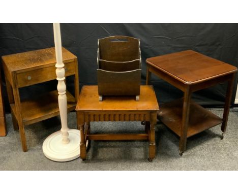 An oak side table, frieze drawer, turned legs, H stretcher, 45cm high, 55cm wide, 35cm deep;  standard lamp;  magazine rack e