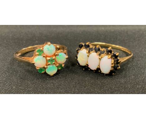 An opal and garnet cluster ring, 9ct gold shank, size N, 2.1g gross;  vibrant green synthetic opal and emerald 9ct gold dress