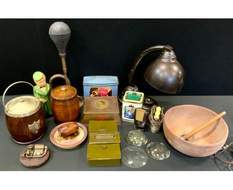 Boxes &amp; Objects - An E K Cole Art Deco Plastalite table lamp;  car horn, oak tobacco jars etc 