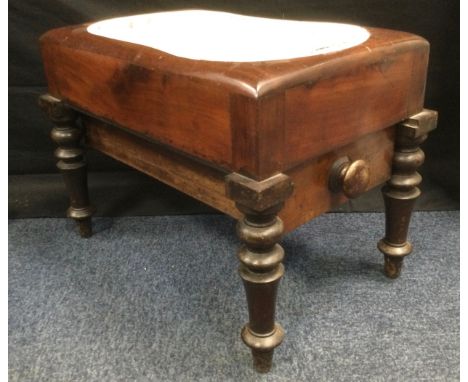 A victorian mahogany commode, enamelled lift out pam, base drawer, turned tapered legs, 43cm high x 59cm long x 39.5cm wide 