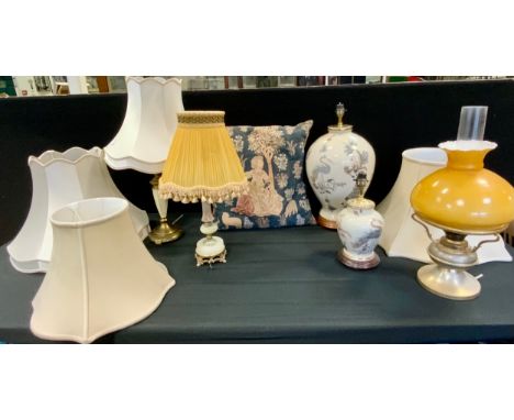 A modern Chinese baluster side light, painted with stylised birds, another, smaller;  other side lights;  a cushion 