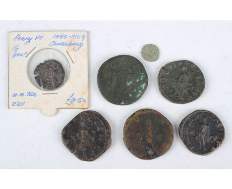 A small collection of Roman coins, including a sestertius of Gordian III and a sestertius of Severus Alexander, together with