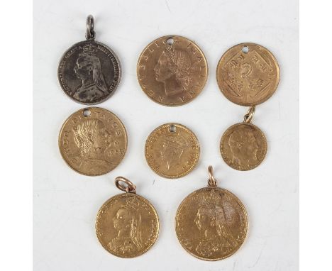A Victoria Jubilee Head sovereign and half-sovereign, both 1887, each mounted with a suspension ring, together with a France 