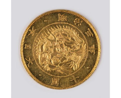 A Japan Meiji ten yen Year 3 pattern gold coin 1870, large flan, diameter 32mm, the obverse with dragon design within a beade