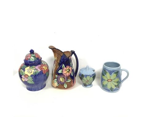 A 1930s H&amp;K Tunstall pitcher (h.21cm) along with a Buchan, Portobello mug and lidded condiment pot, both stamped to base 