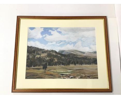 K. Russell, Landscape in a Valley with Cloudy Sky, mixed media, signed bottom right (27cm x 37cm)