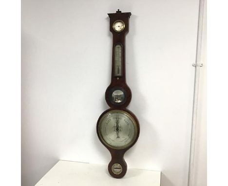 An early 19thc. banjo style barometer with a dial measuring Humidity (glass missing), a thermometer from fever heat to temper