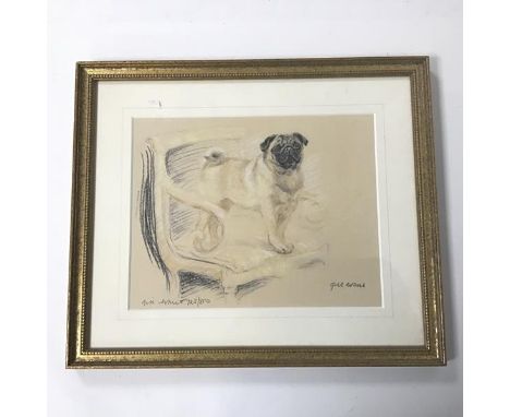 Gill Evans, Pug Standing on a Chair, limited edition print, no.723/800, signed bottom right (18cm x 24cm)