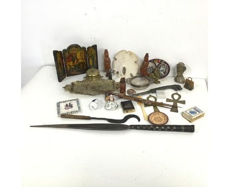 A mixed lot to include an African spearhead, an Egyptian style ankh, a soapstone seal with snake finial, a brass inkwell, a r