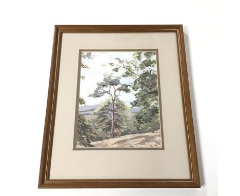 K. Russell, View from a Forrested Hillside, mixed media on paper, signed bottom right (26cm x 20cm)