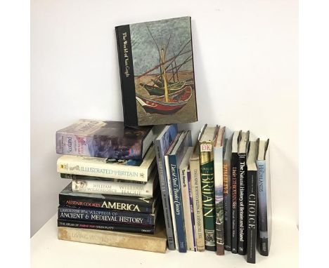 An assortment of books including The World of van Gogh, Collins Encyclopedia of Scotland, Alistair Cook's America, Choice, pu