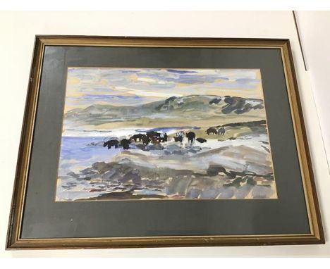 K. Russell, Cattle Watering in a Valley, mixed media on paper, signed bottom right and numbered, 33 bottom left (30cm x 44cm)