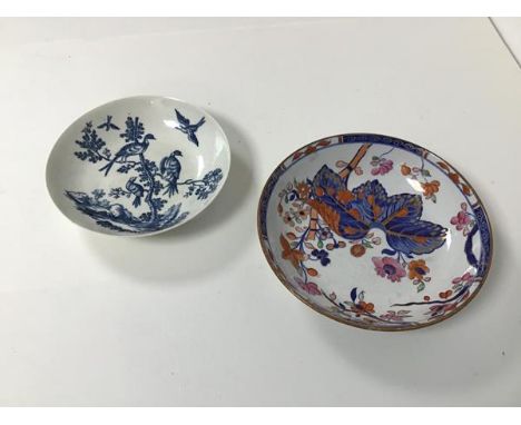 A late 18thc Worcester bowl, two Birds on a Branch pattern, with a crescent mark to base (d.12cm) and a Spode Imari pattern b