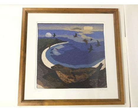 L. Thomson, Honeysgo, ex Hoxa Orcadian Tapestry Gallery, paper label verso, print of a tapestry, signed bottom right and titl