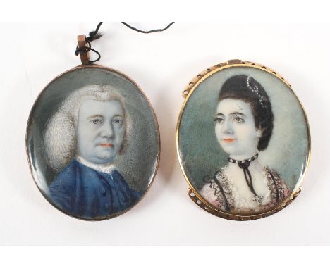 A near pair of miniature portraits on ivory, probably circa 1740, of a gentleman  in a white wig and blue jacket and a lady w