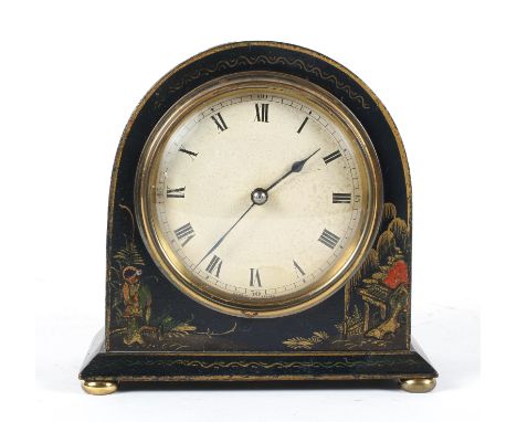 A Georgian style mantel clock, the guilloche enamelled dial on a French brass eight day movement, the domed case with chinois